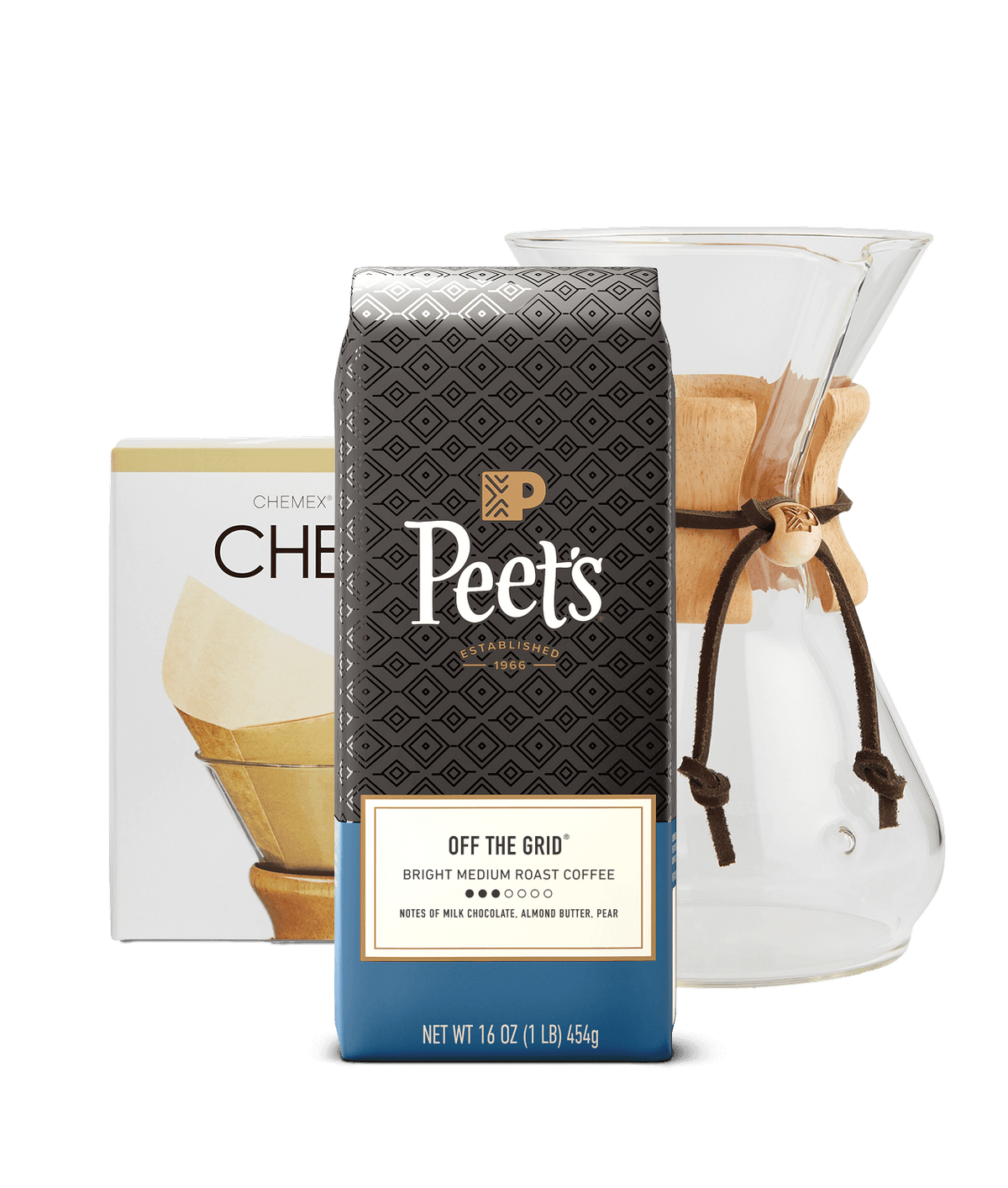 Peet's Coffee Pour Over Starter Kit. Chemex bonded filters, Off the Grid 16 oz coffee beans and an 8-cup chemex pour over brewer.