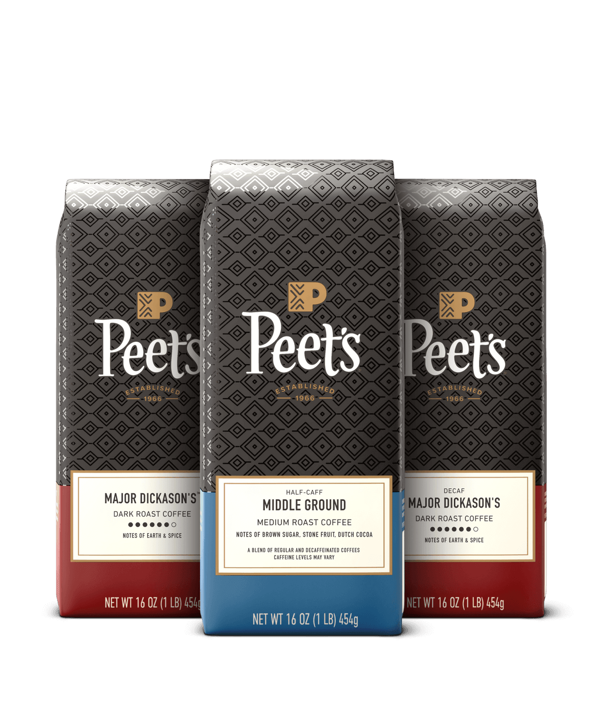 Three Peet's coffee bags with different roast levels on a black background