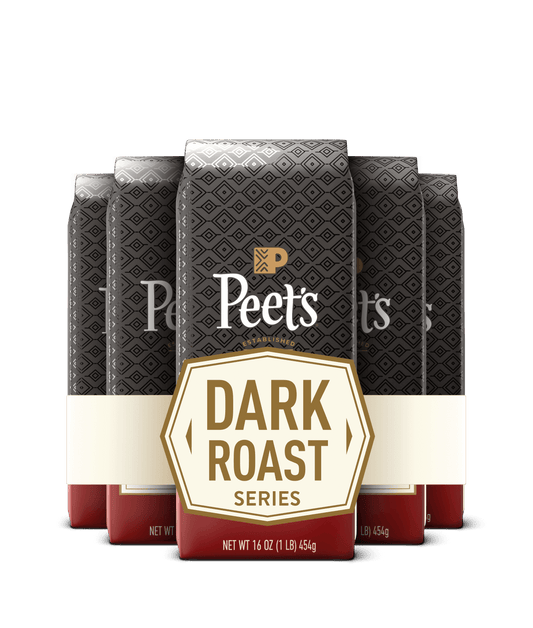 Peet's Dark Roast Coffee subscription with red coffee bags on a black background