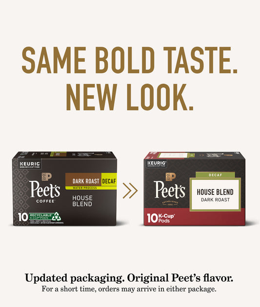 Two boxes of Peet's Coffee K-Cups with text about updated packaging and original flavor.