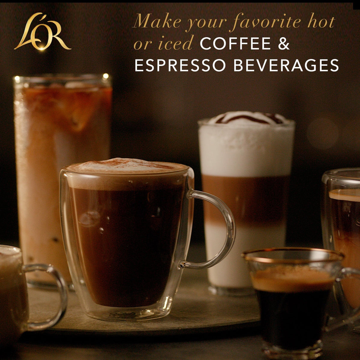 Various coffee and espresso beverages with L&R logo and text.