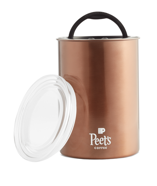 Peet's Coffee Copper airscape canister with lid off