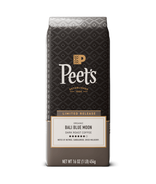 Peet's Coffee bag with 'Bali Blue Moon' label on a black background