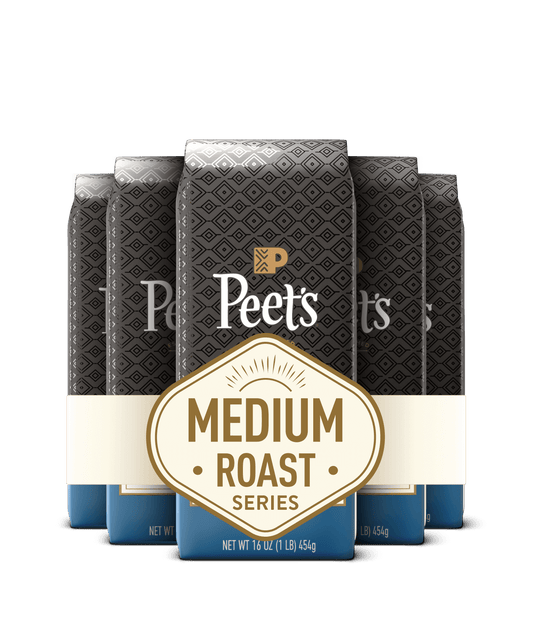 Packaging of Peet's coffee bags with a focus on the 'Medium Roast Series' label.