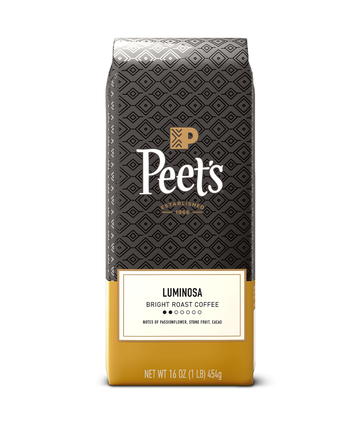 Peet's coffee bag with black and yellow design on a green background