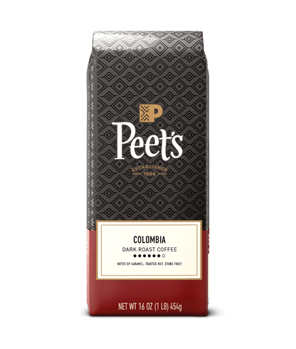 Peet's coffee bag with a geometric pattern on a green background