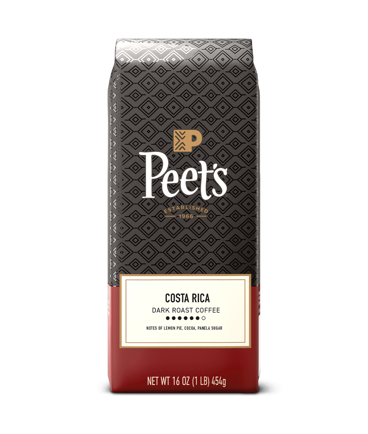 Peet's Costa Rica dark roast coffee package on a green background