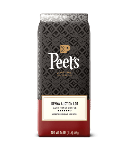 Peet's Coffee Kenya Auction Lot coffee bag on a green background