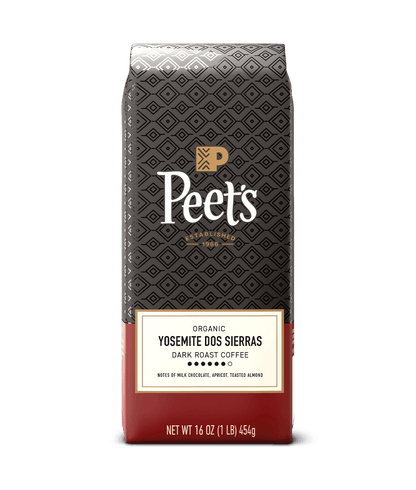 Peet's coffee Yosemite dos sierras bag with a black and red design on a green background