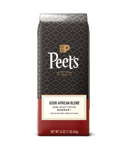 Peet's coffee uzuri bag with black and red design on a green background