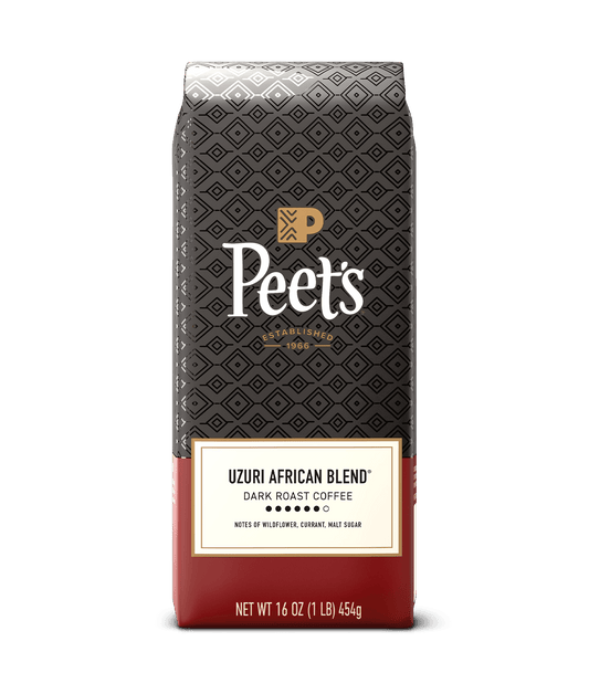 Peet's coffee uzuri bag with black and red design on a green background