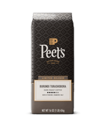 Peets Burundi Turashobora dark roast coffee in a 16 oz bag, featuring a dark brown patterned design with gold and white text.
