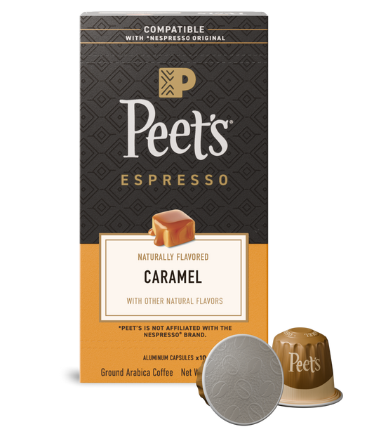 Peet's Espresso Caramel coffee capsule packaging with a single capsule on a white background