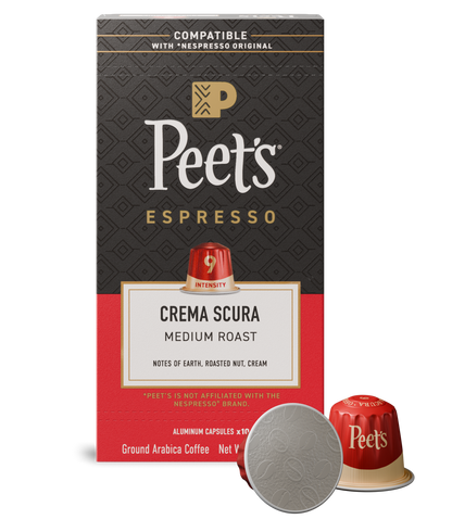 Peet's Espresso coffee capsule packaging with a red and black design.