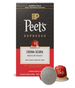 Peet's Espresso coffee capsule packaging with a red and black design.