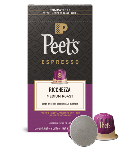 Peet's Espresso Ricchezza coffee capsule packaging with a purple and black design.