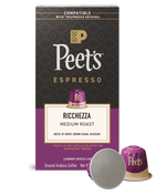 Peet's Espresso Ricchezza coffee capsule packaging with a purple and black design.