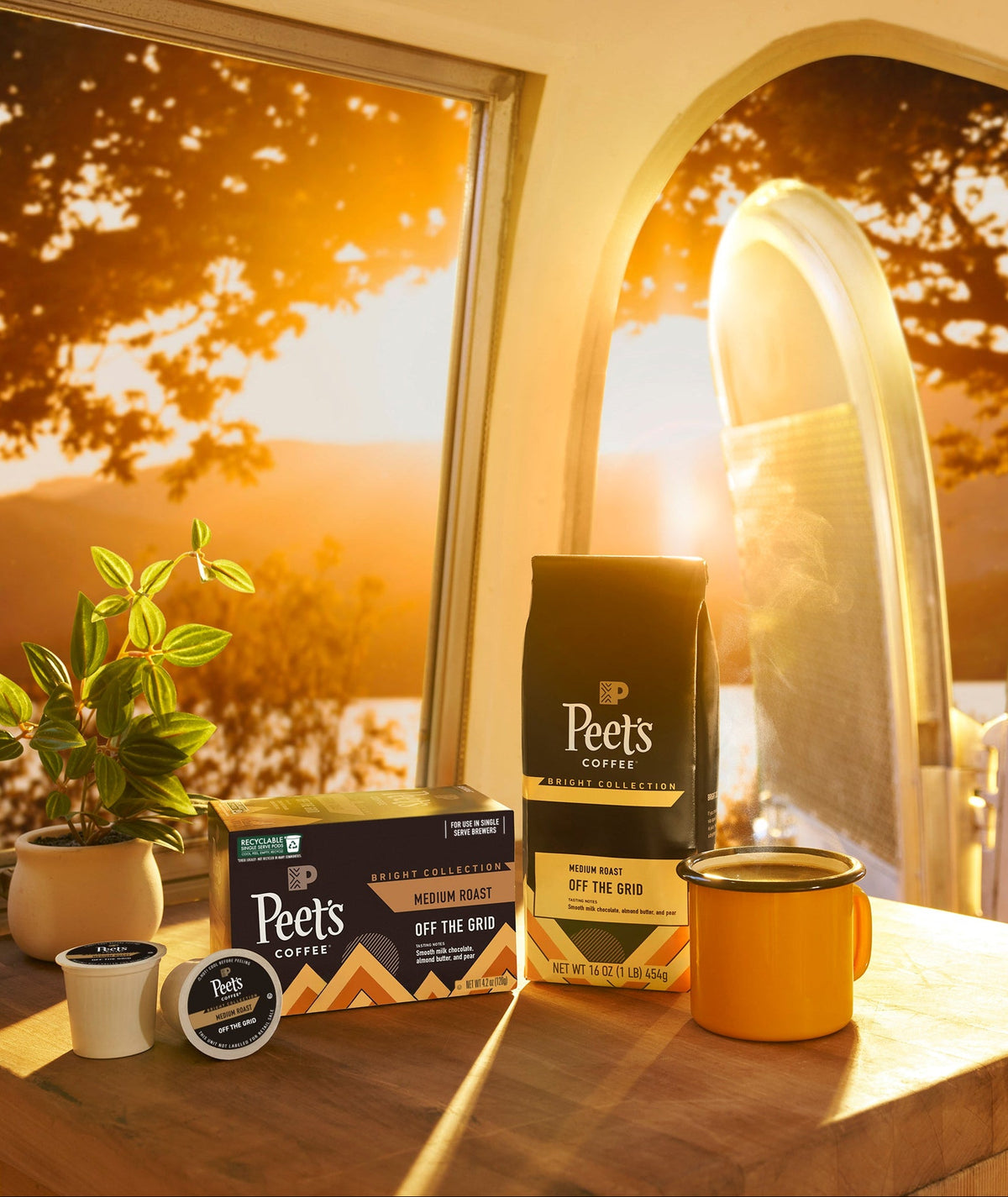 Peet's Off the Grid coffee products on a counter with a scenic view outside