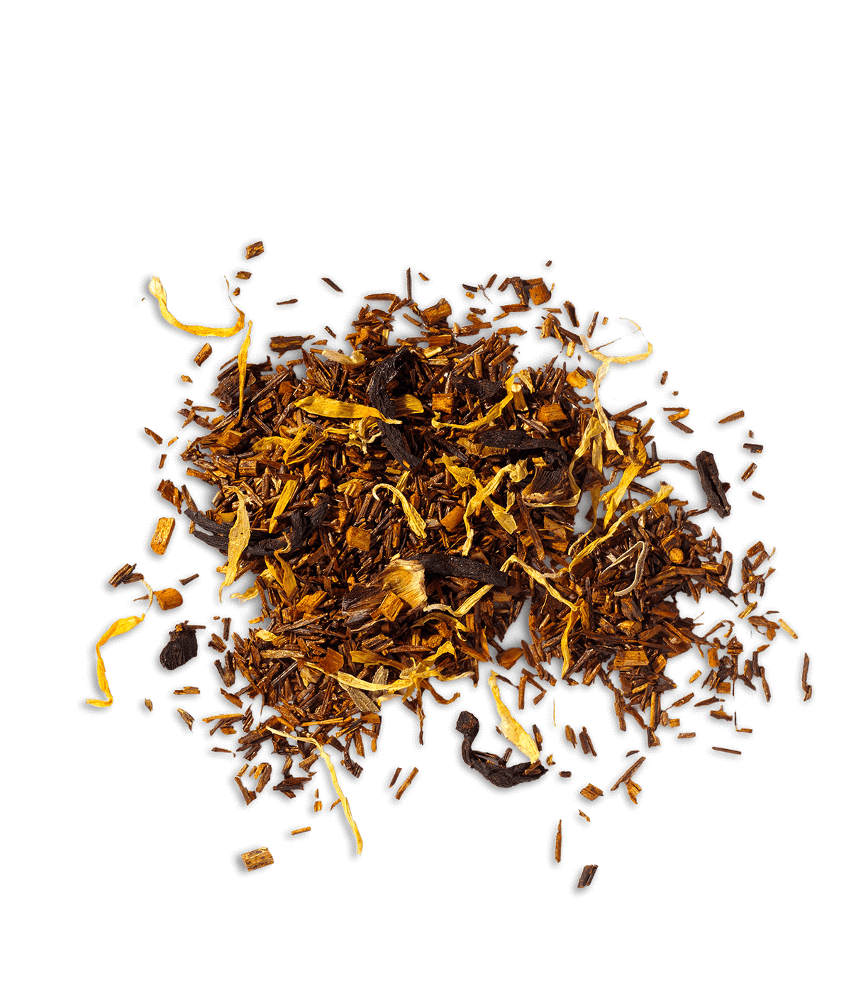 A pile of dry, caffeine-free organic rooibos tea leaves mixed with pieces of tropical fruit and blossoms.