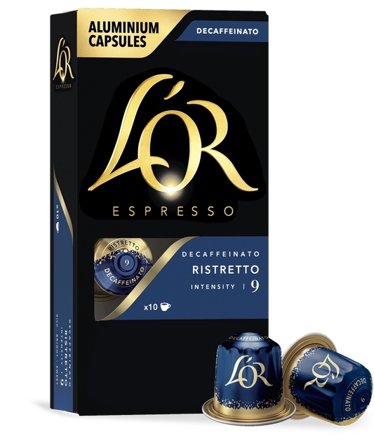 Lor Espresso decaffeinated capsules packaging with capsules on a white background
