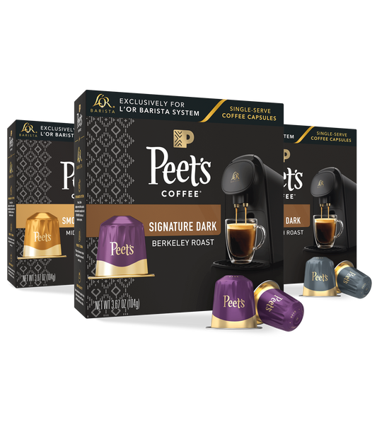 Peet's Coffee Signature Dark capsules and packaging on a white background