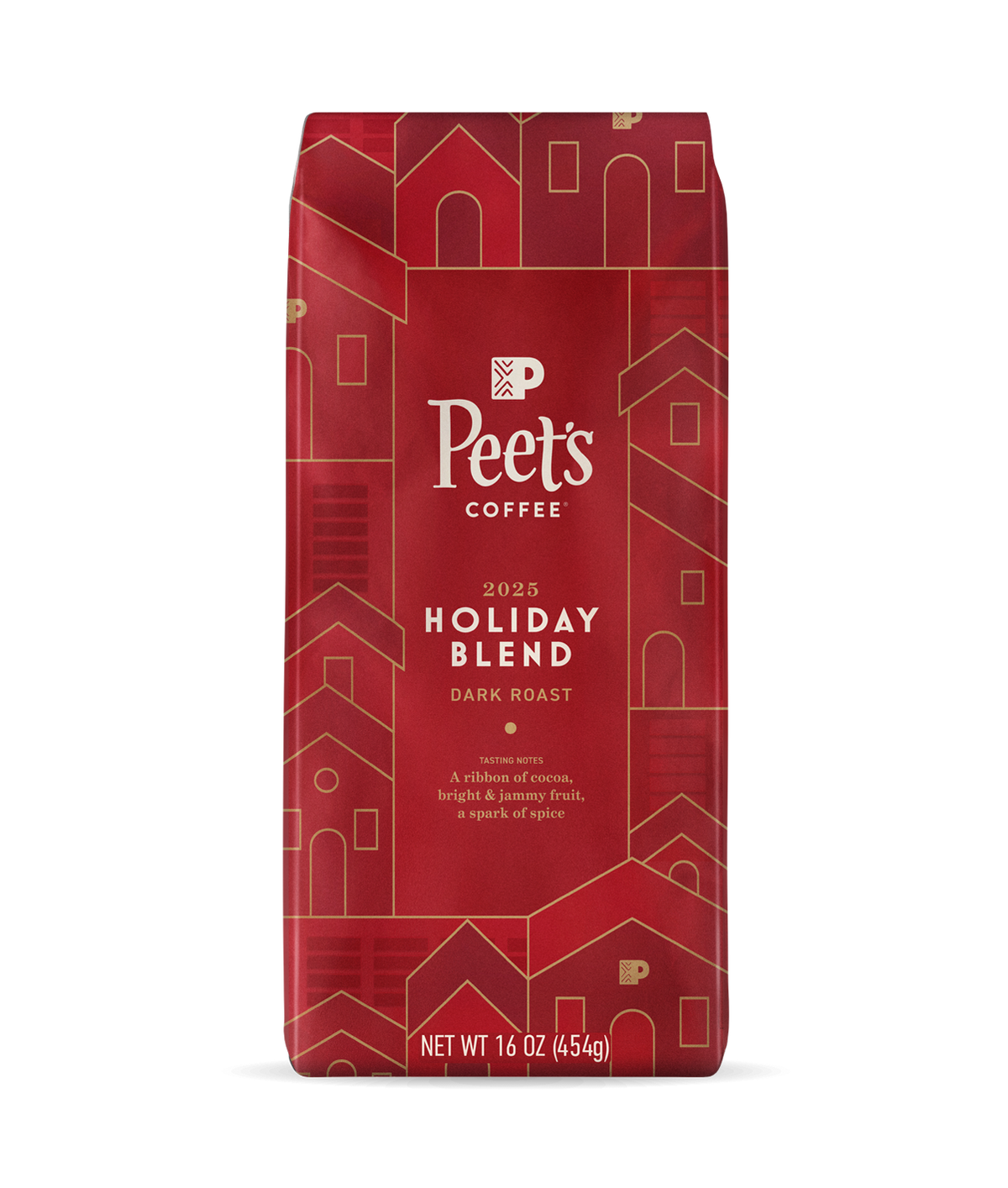 Peet's Coffee Holiday Blend 2025 Coffee Beans in a festive, red 16oz bag
