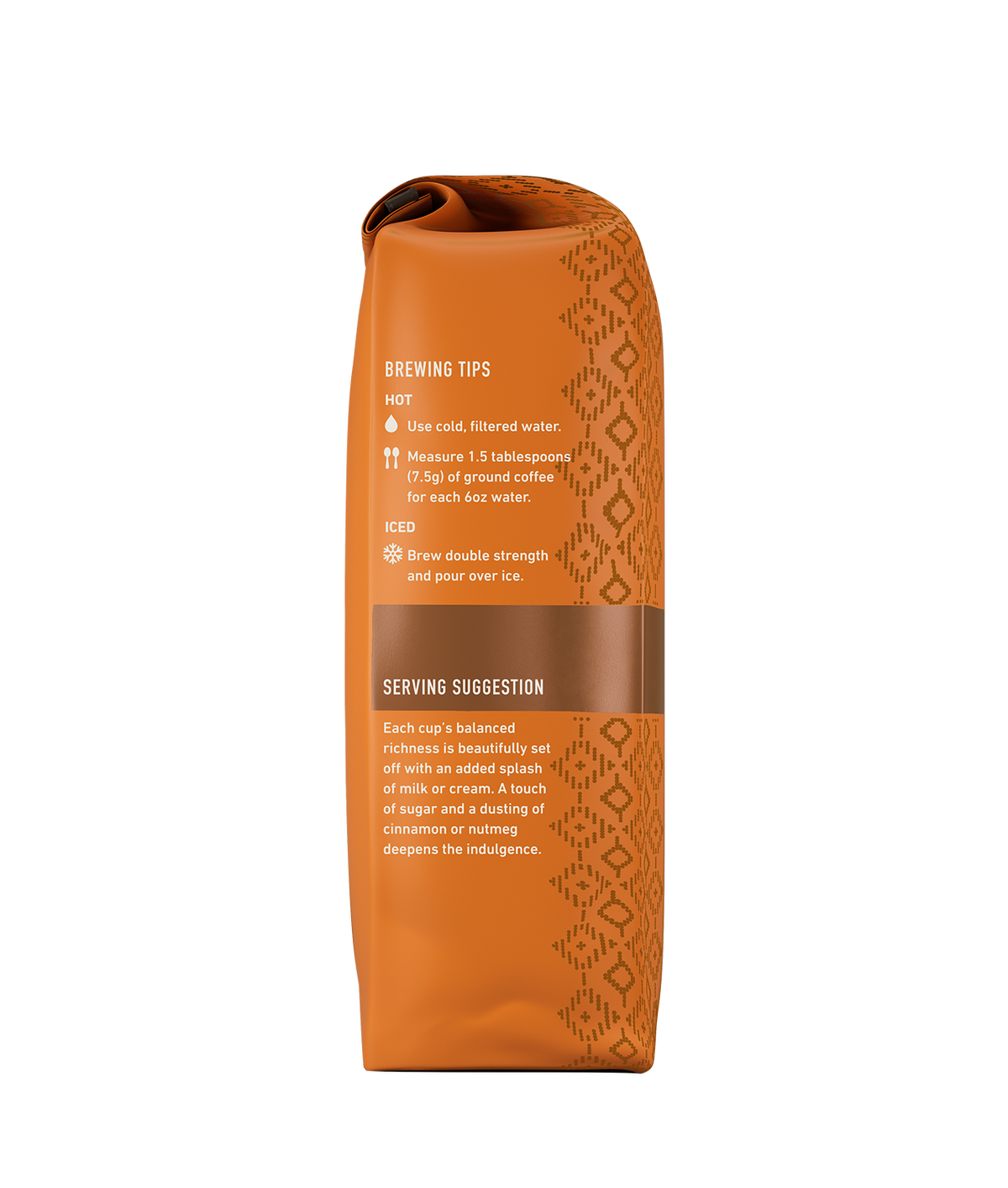 Pumpkin Spice Ground Drip Flavored Coffee - back of bag with brewing tips