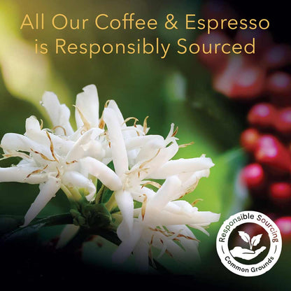 White coffee flower with red coffee berries and text about responsibly sourced coffee and espresso.