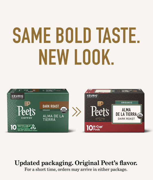 Two K-Cup pods of Peet's Coffee with text 'Same bold taste. New look.'